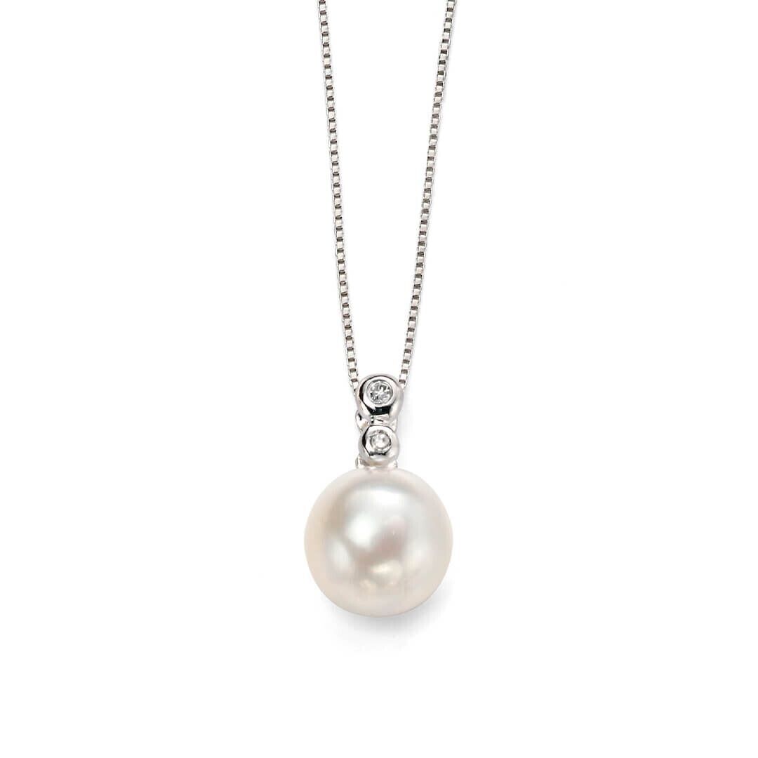 Freshwater Pearl and Diamond Pendant and Earrings White Gold 16 18 or 20" Chain