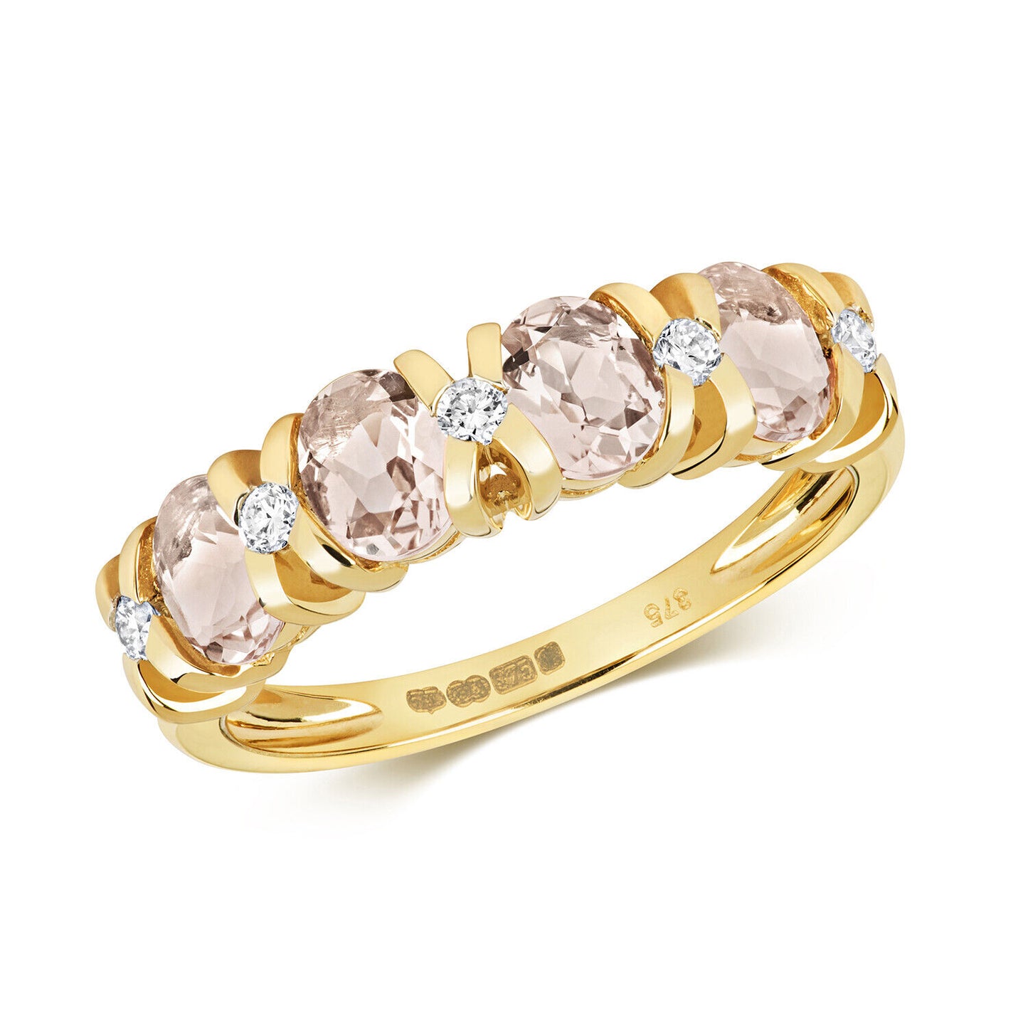 Real Morganite and Diamond Eternity Ring 9ct Yellow Gold Oval Stones Size J - Q