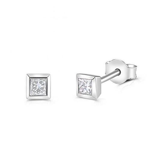 18ct White Gold 0.20ct Rubover Set Princess Cut Diamond Studs Made in London