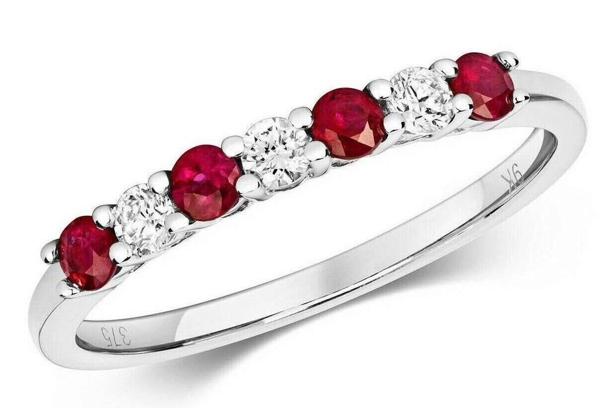 Real Ruby and Diamond Eternity Ring Solid White Gold Slim Anniversary Band