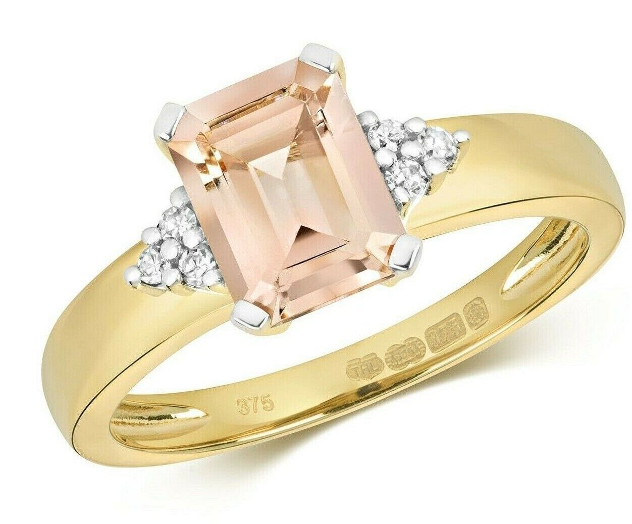 Real Morganite and Diamond Ring 9ct Yellow Gold Emerald Cut Solitaire Size J - Q