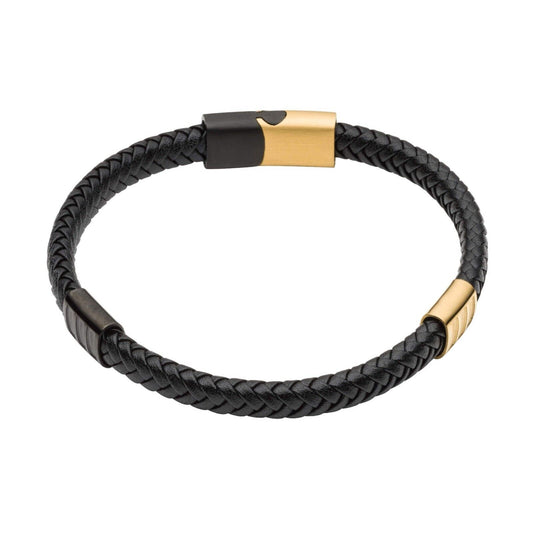 Fred Bennett Leather Bracelet with Black IP and Yellow Gold Plated Details 22cm
