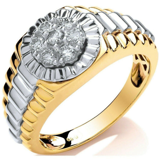 Gents Real Diamond Round Signet Ring 9ct Yellow and White Gold Watch Strap Pinky