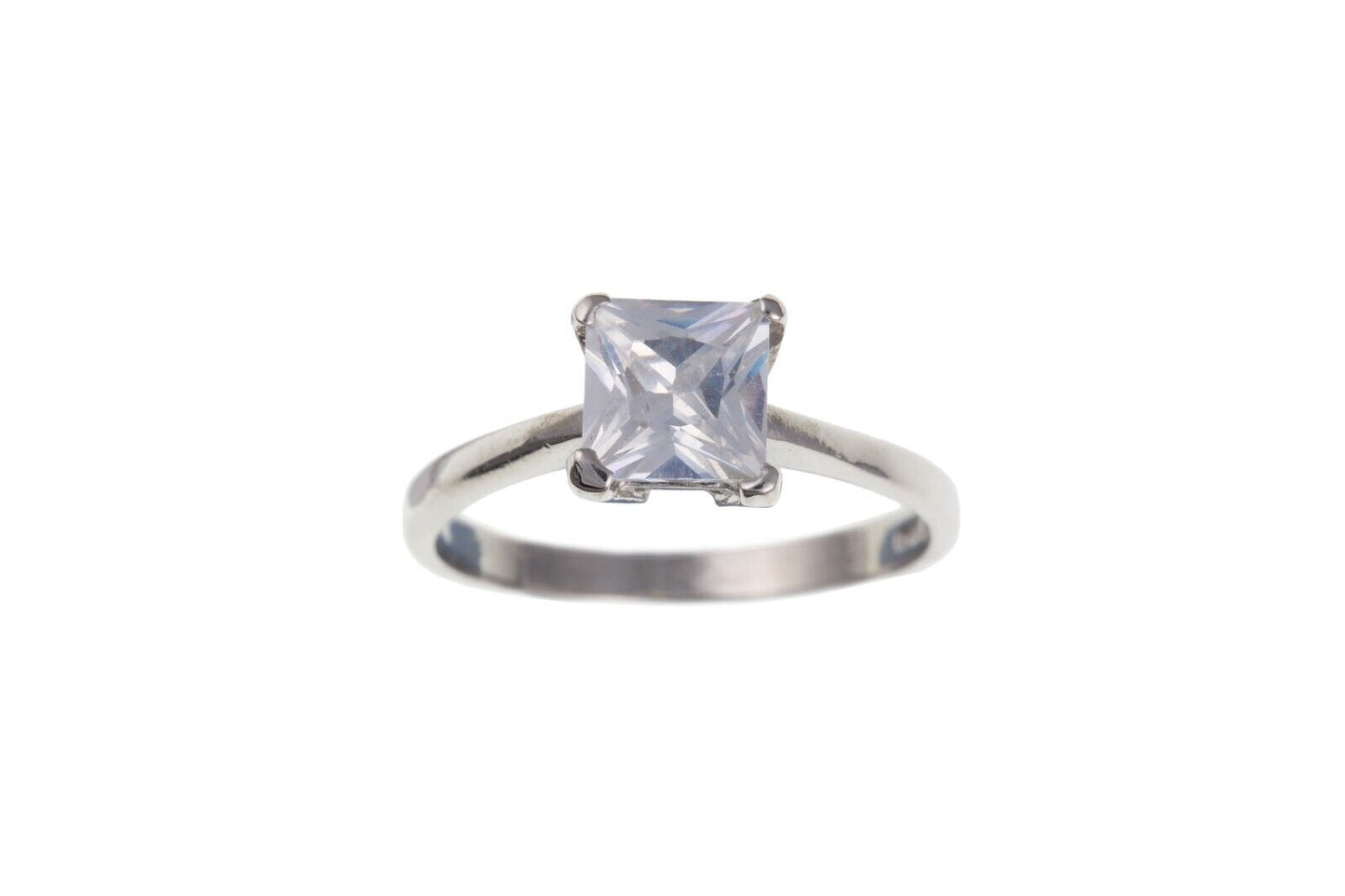9ct White Gold Simulated Diamond Square Solitaire Ring Engagement Full Hallmark