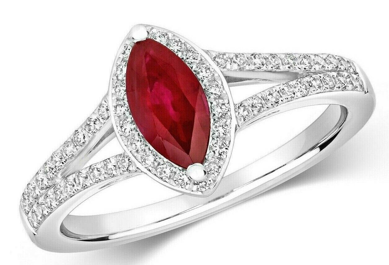 Real Ruby Marquise and Diamond Ring 18ct White Gold Cluster Engagement Halo