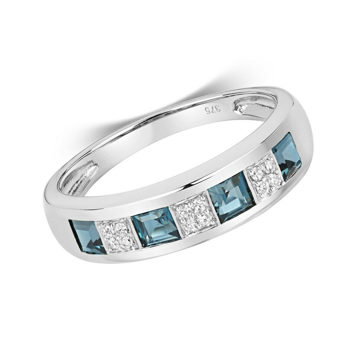 Real London Blue Topaz and Diamond Eternity Ring Solid White Gold Square Cut Gem