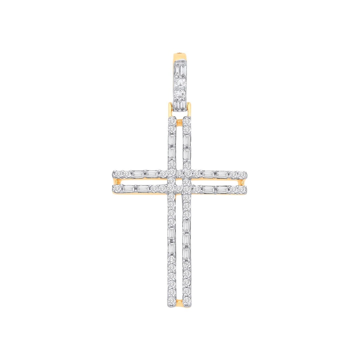 9ct Yellow Gold 0.42ct Diamond Cross Pendant Baguette and Brilliant Cut Diamonds