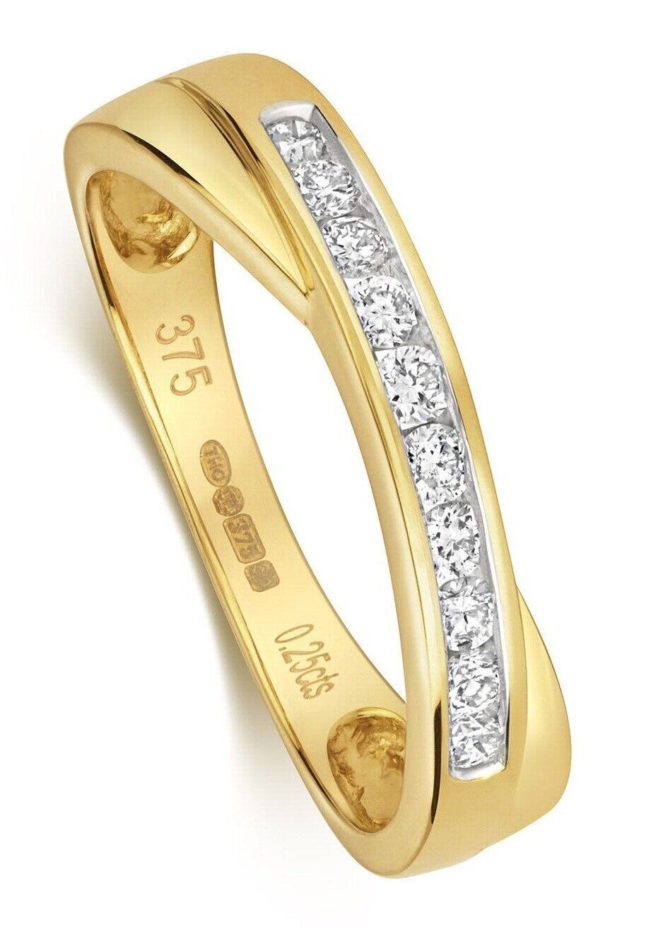 Real Diamond Crossover Eternity Ring 9ct Yellow Gold Anniversary Band 0.25ctw