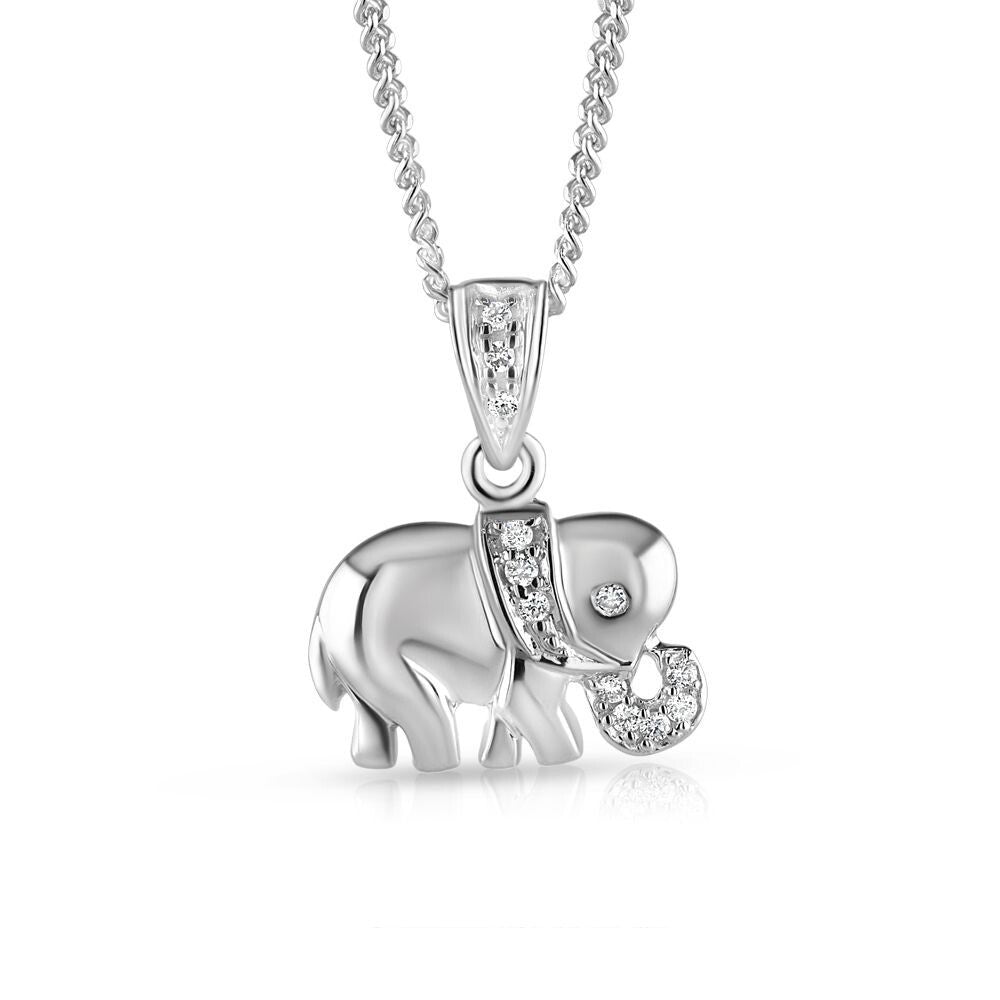 9ct White Gold 0.07ct Diamond Elephant Pendant Made in London 18" Chain