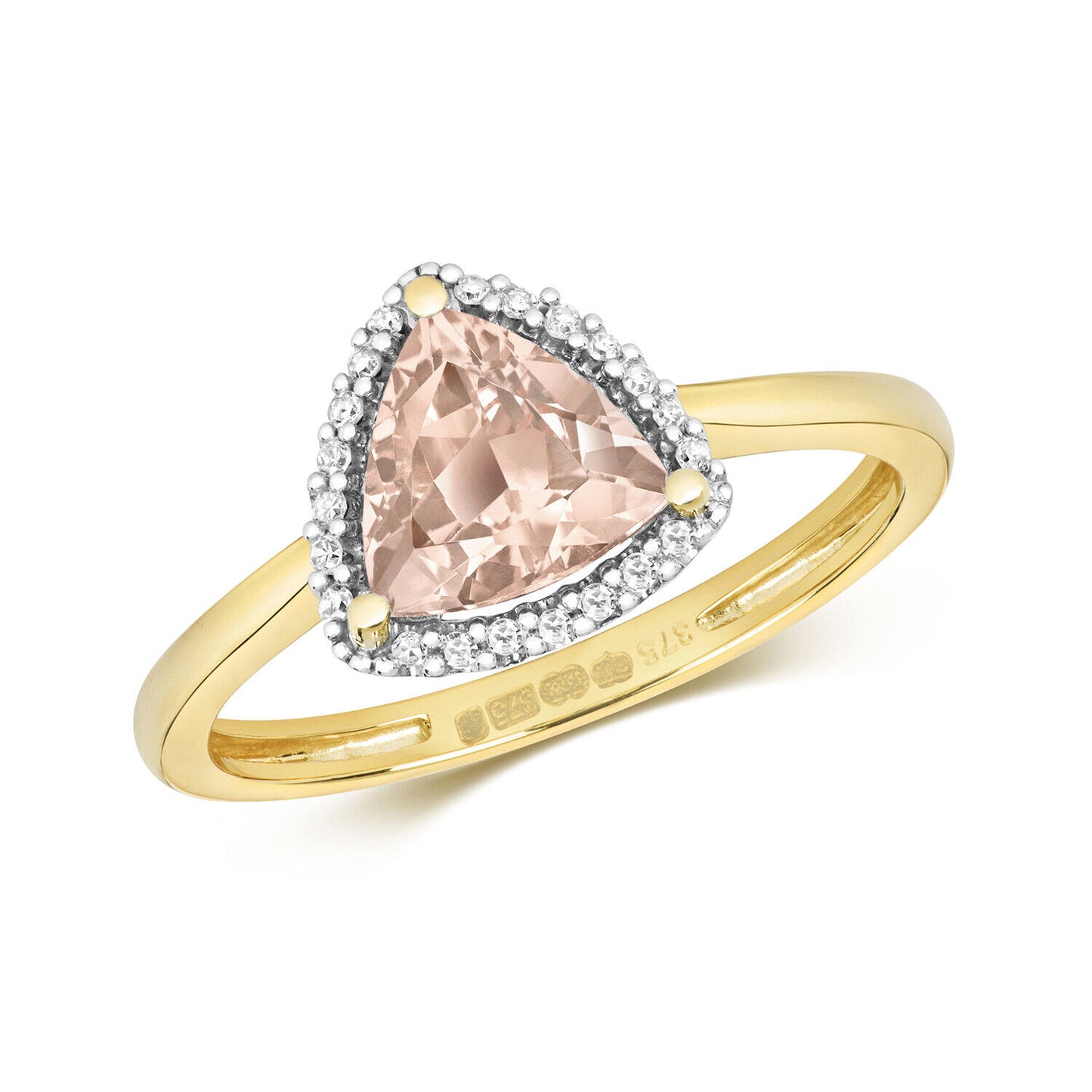 Real Morganite and Diamond Ring Solid Yellow Gold Trillion Cluster Size J-Q