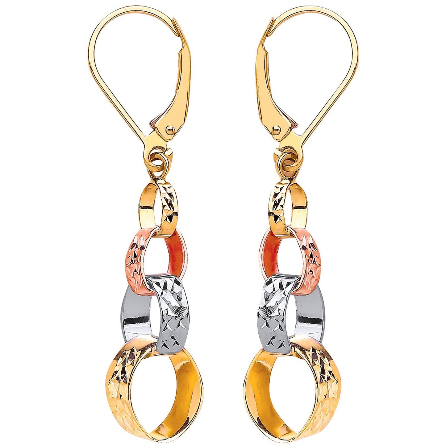 Three Colour Interlink Drop Earrings 9ct Yellow White and Rose Drops Hallmarked