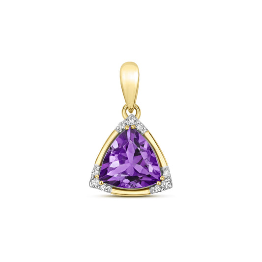 Amethyst and Diamond Trillion Pendant 9ct Yellow Gold Necklace Real Stones