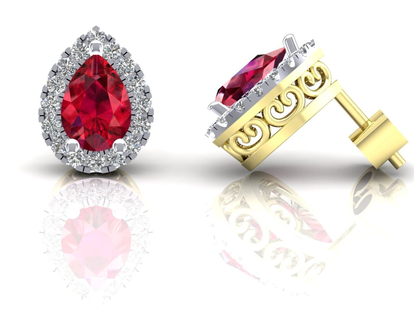 Ruby Pear Cluster Stud Earrings Solid 9ct Yellow Gold Hallmarked
