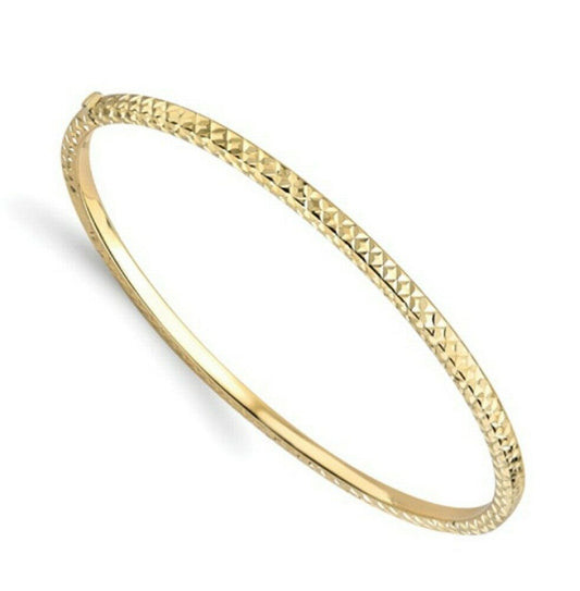 Yellow Gold Hinged Bangle Modern Texture Hallmarked British Made Ladies Bracelet