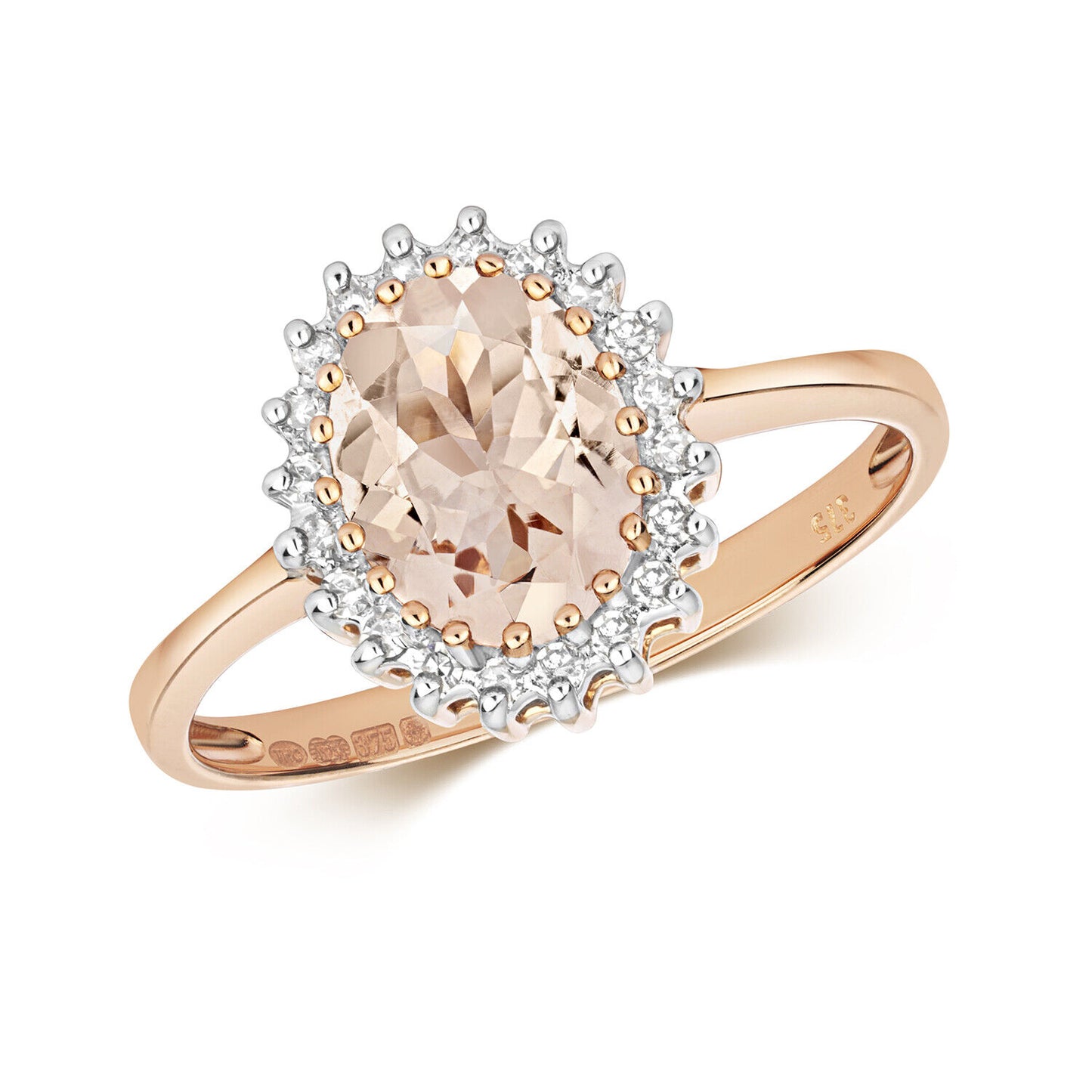 Real Morganite and Diamond Ring Solid Rose Gold Oval Gemstone Cluster Size J-Q