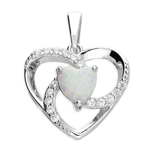 Silver Heart Pendant Opal & Gemstone Open Swirl Design 925 Hallmark