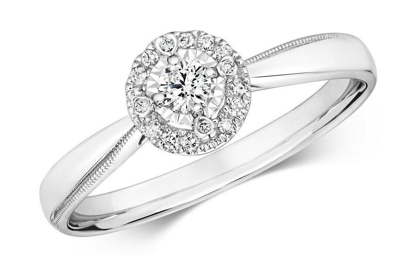 Real Diamond Ring Illusion 9ct White Gold Solitaire Cluster 0.15ctw