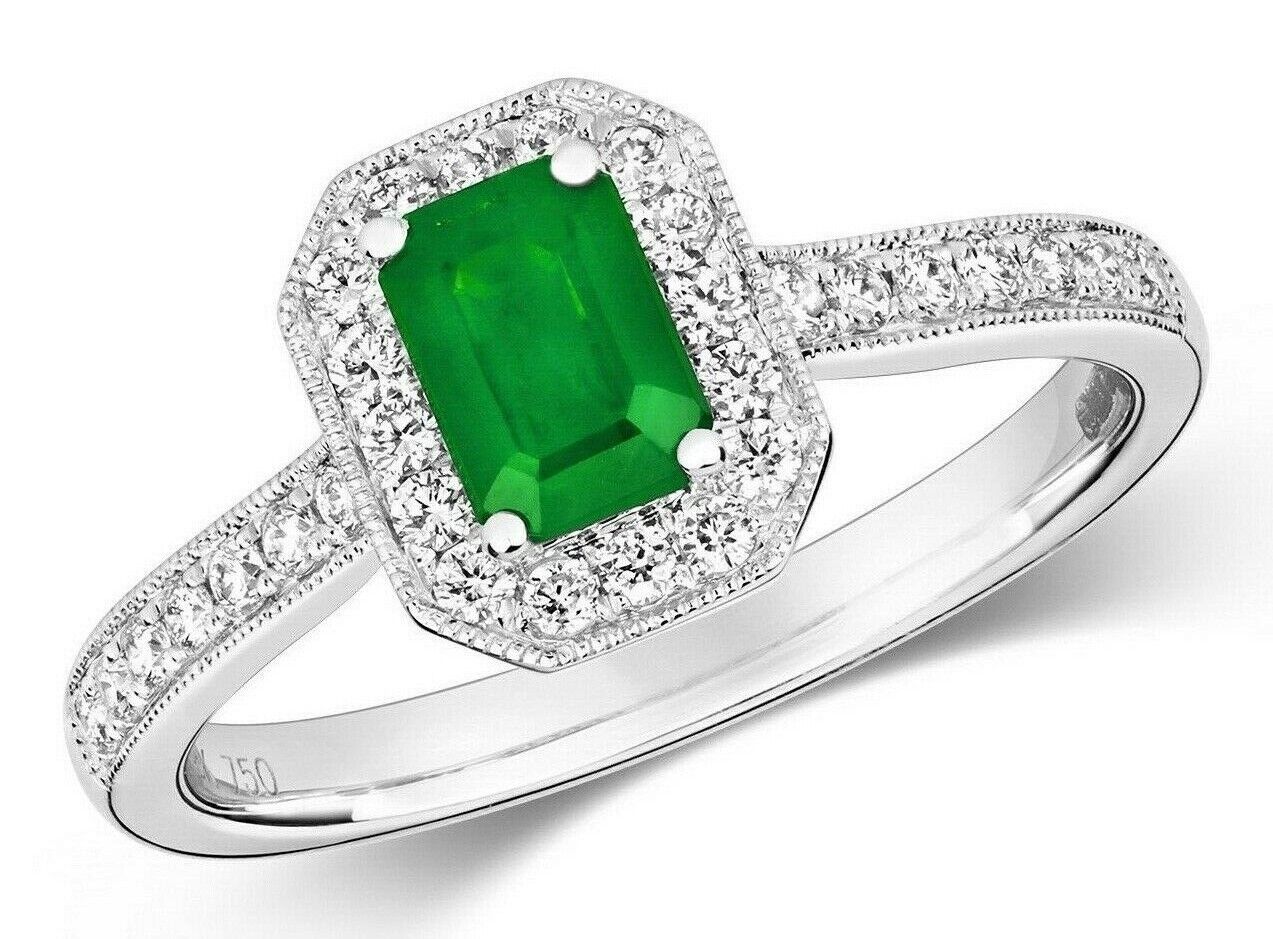 Real Emerald and Diamond Ring 18ct White Octagon Cluster
