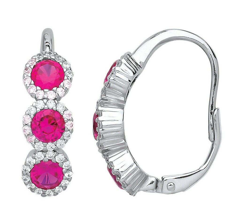Ruby Hoop Drop Earrings Solid Sterling Silver Rhodium Plated 925 Hallmark