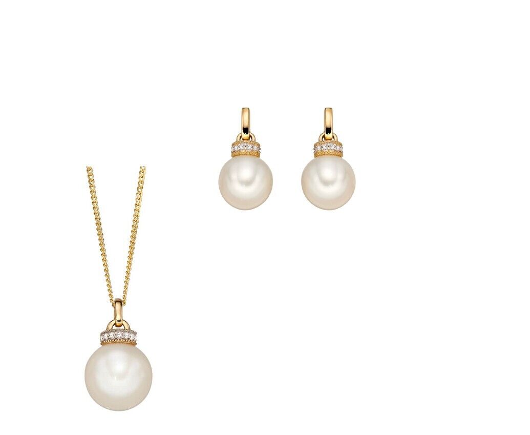 Freshwater Pearl & Diamond Pendant & Earrings In Yellow Gold 16 18 or 20" Chain