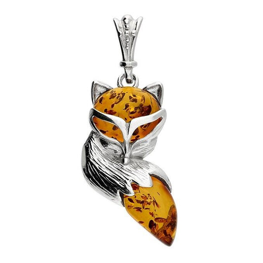 Cognac Amber Crafty Fox Pendant and Chain Solid Sterling Silver 925
