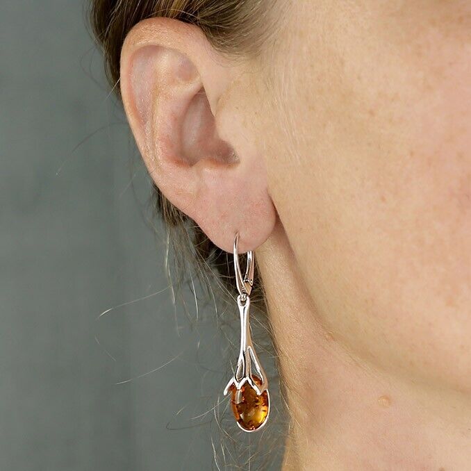 Cognac Amber Sunflower Drop Earrings Solid Sterling Silver 925
