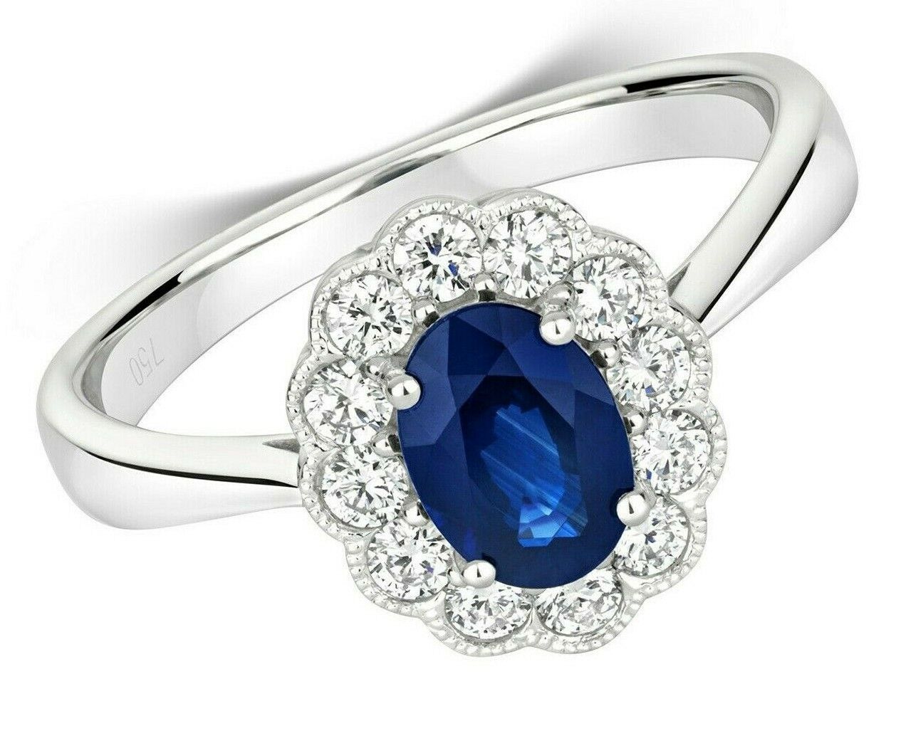 Real Sapphire and Diamond Ring 18ct White Gold Oval Flower Cluster