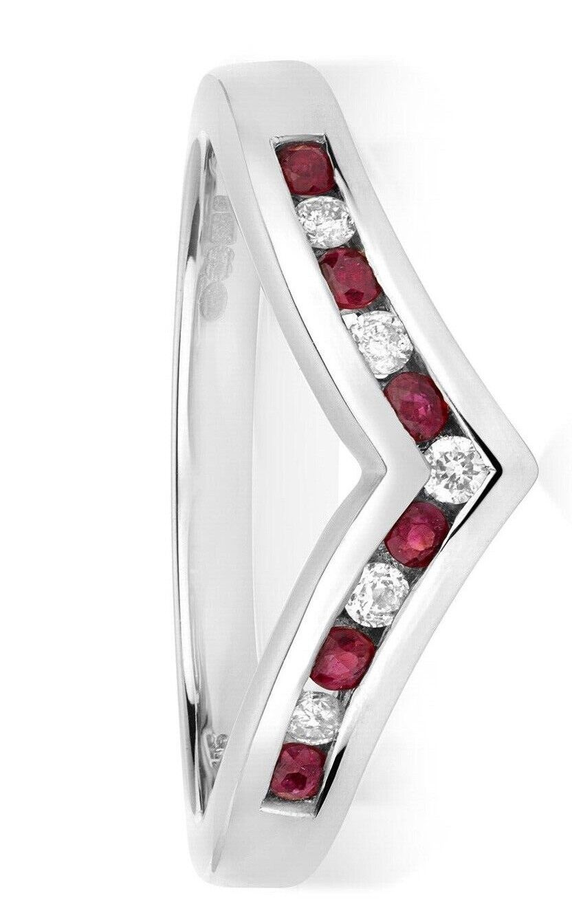 Real Ruby and Diamond Wishbone Ring Solid White Gold Eternity Anniversary