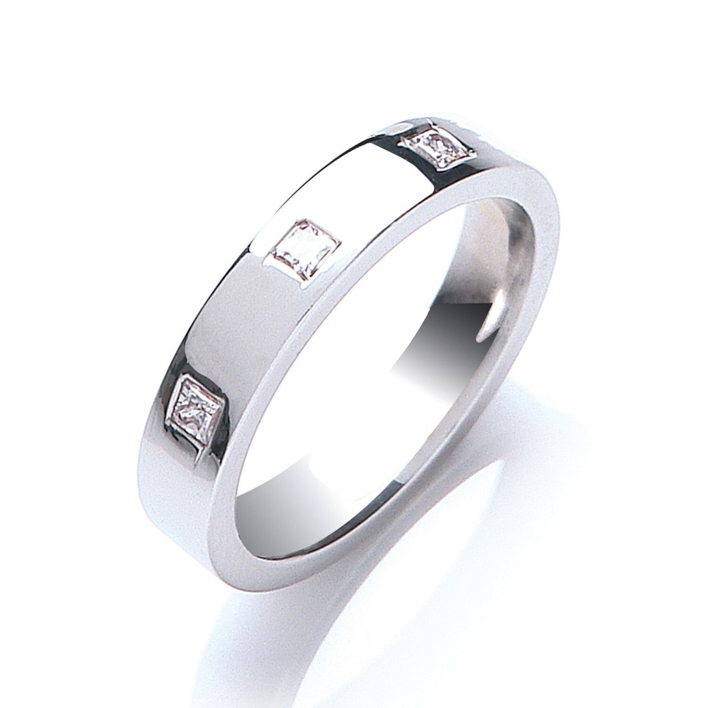 Diamond 4mm Flat Court Wedding Band 3 Princess Cut Diamonds 0.33ctw White Gold