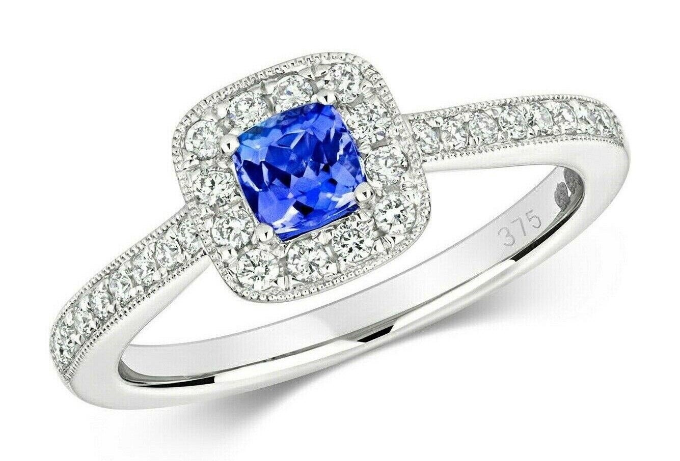 Real Tanzanite and Diamond Ring 9ct White Gold Cushion Cluster Size J - Q