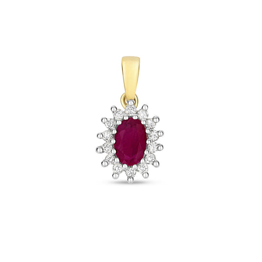 Ruby and Diamond Oval Cluster Pendant Solid 9ct Yellow Gold Real Stones