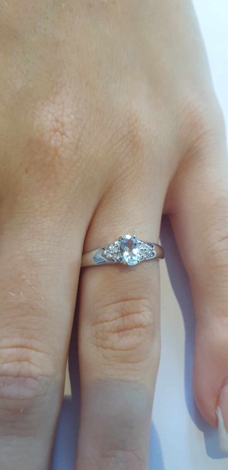 Aquamarine and Diamond Ring 9ct White Gold Oval Solitaire Real Stones Size J - Q