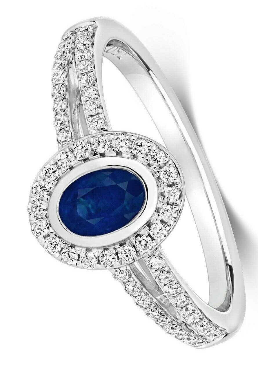 Real Sapphire and Diamond Ring 18ct White Oval Halo Cluster Split Shank