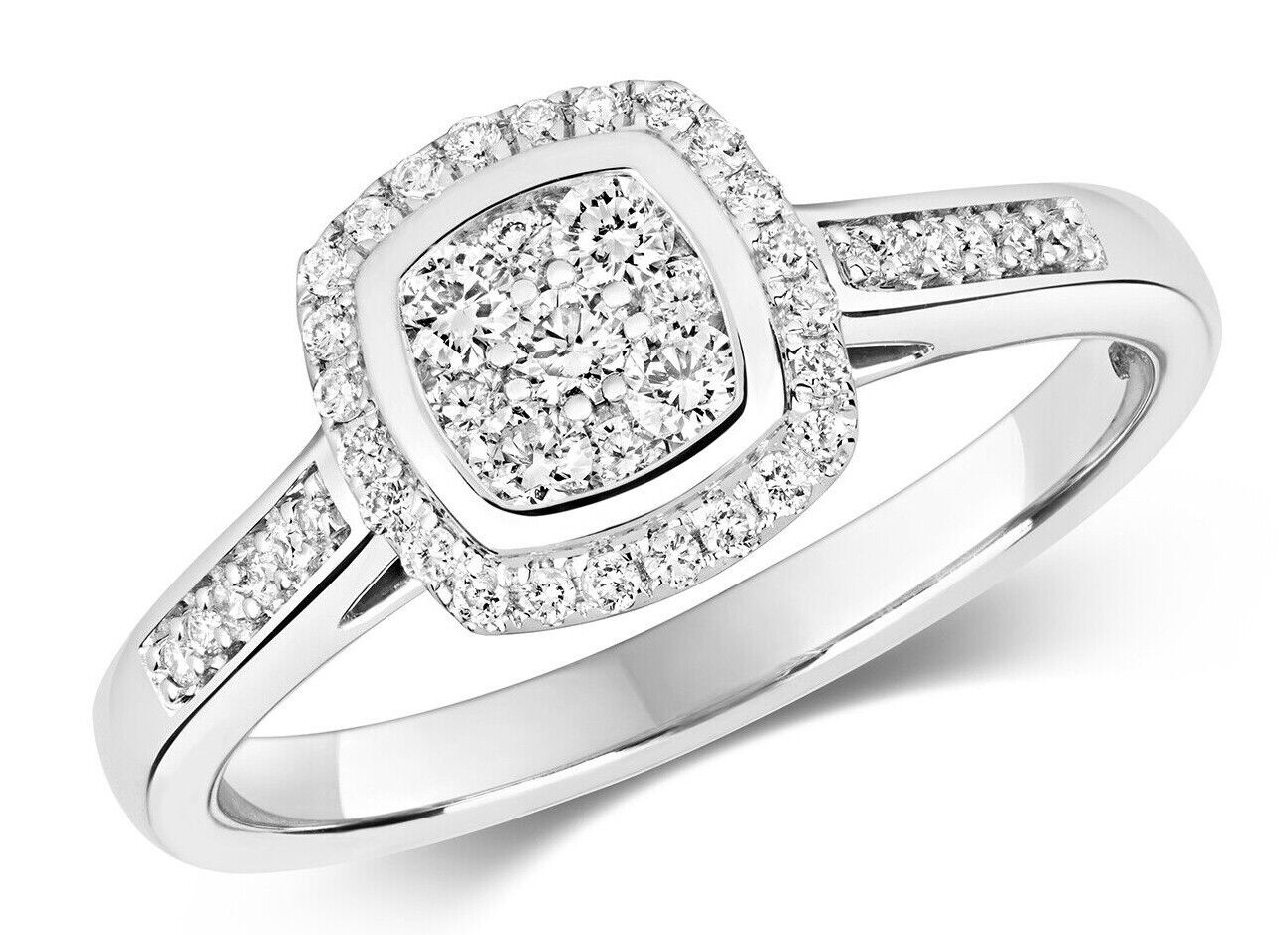 Real Diamond Square Cushion Ring 9ct White Gold Cluster Halo Engagement