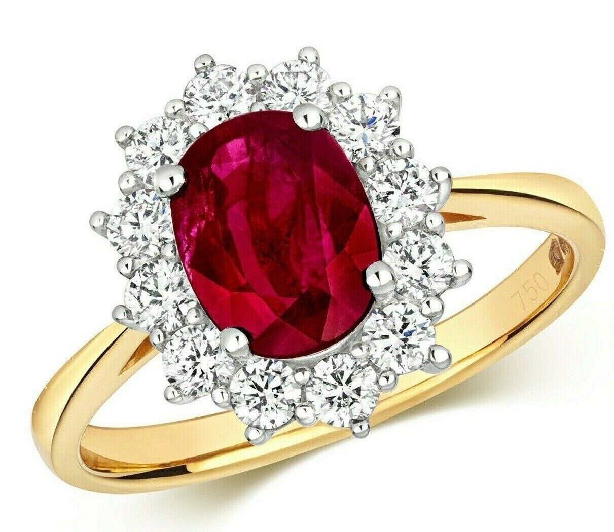 Real Ruby and Diamond Ring 18ct Yellow Gold Oval Cluster Engagement
