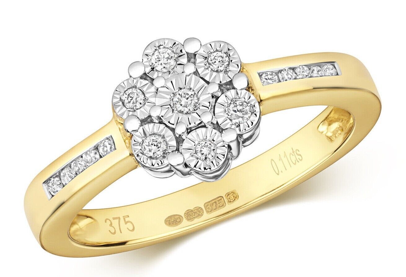 9ct Yellow Gold Diamond Ring Cluster Engagement Size J K L M N O P Q