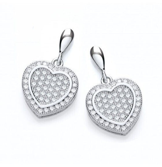 Micro Pave Heart Drop Earrings Solid Sterling Silver 925 Luxurious Packaging