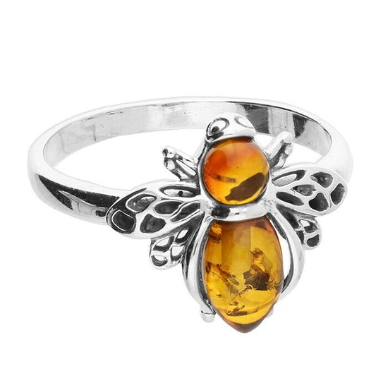 Cognac Amber Bumble Bee Ring Solid Sterling Silver 925 Brand New