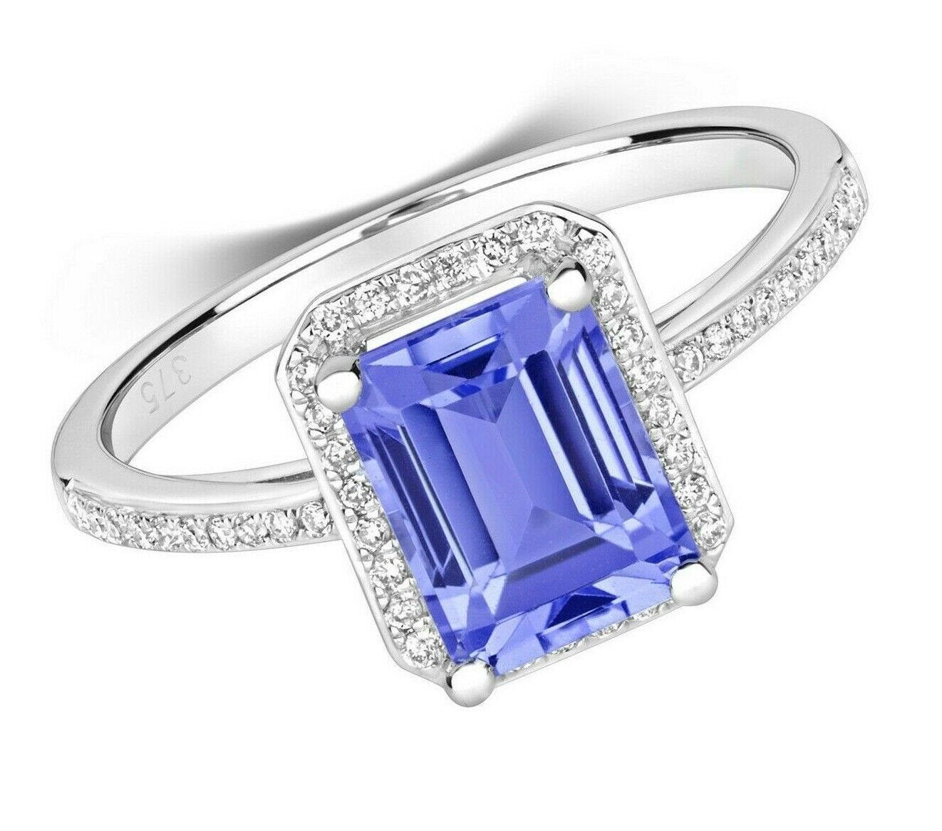 Real Tanzanite and Diamond Ring 9ct White Gold Emerald Cut Engagement Size J - Q