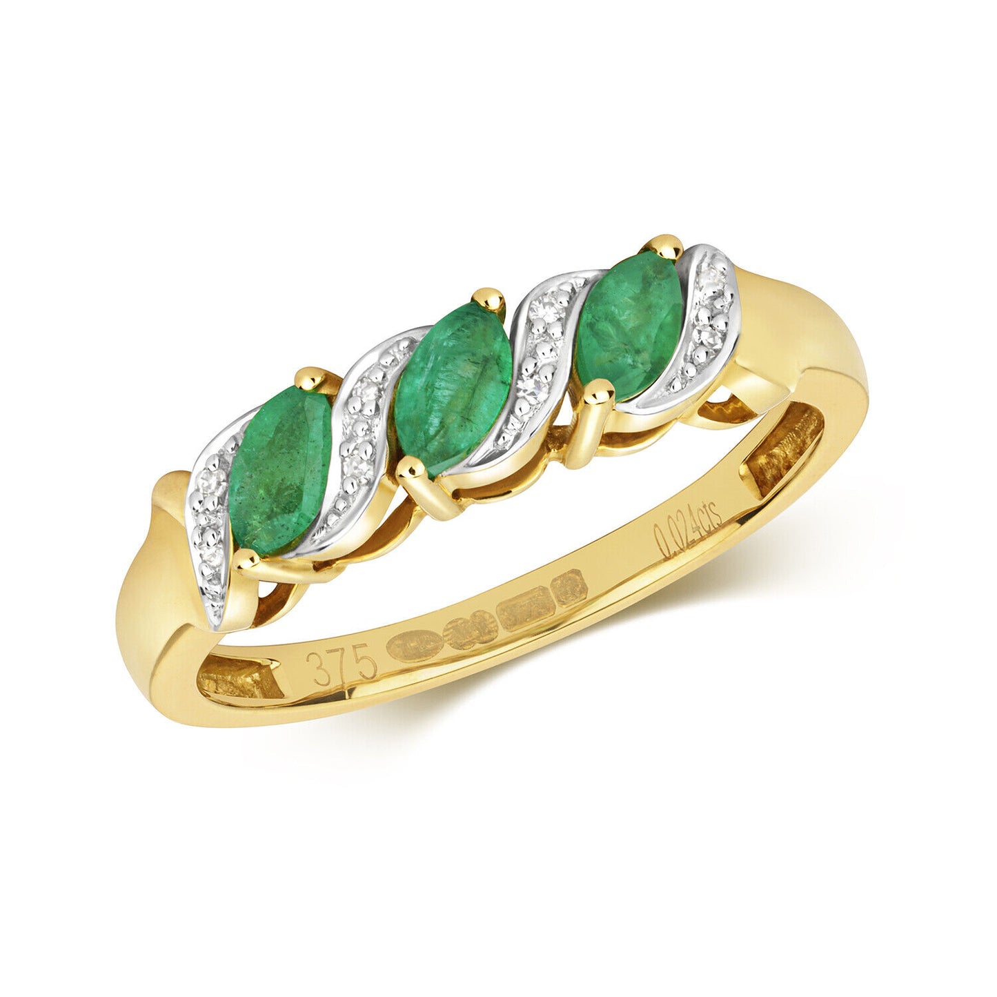 Real Emerald and Diamond Ring Solid Yellow Gold Three Stone Marquise Trilogy