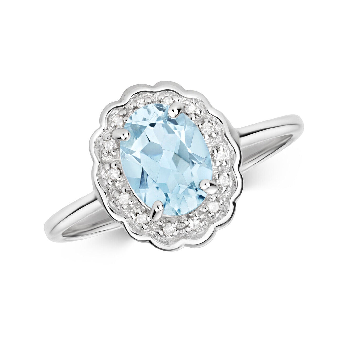 Real Aquamarine and Diamond Ring Solid White Gold Cluster Engagement Size J - Q