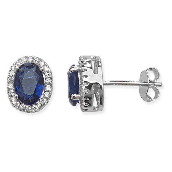 Sapphire Oval Stud Earrings Sterling Silver Rhodium British Made Hallmark 925