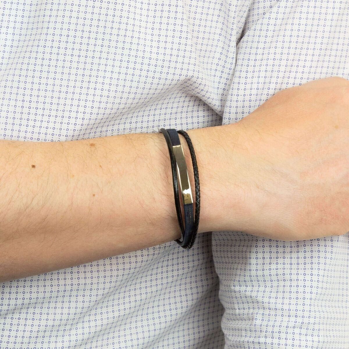 Fred Bennett Blue Multi Cork and Leather Bracelet ID Bar 22.5cm Free Engraving