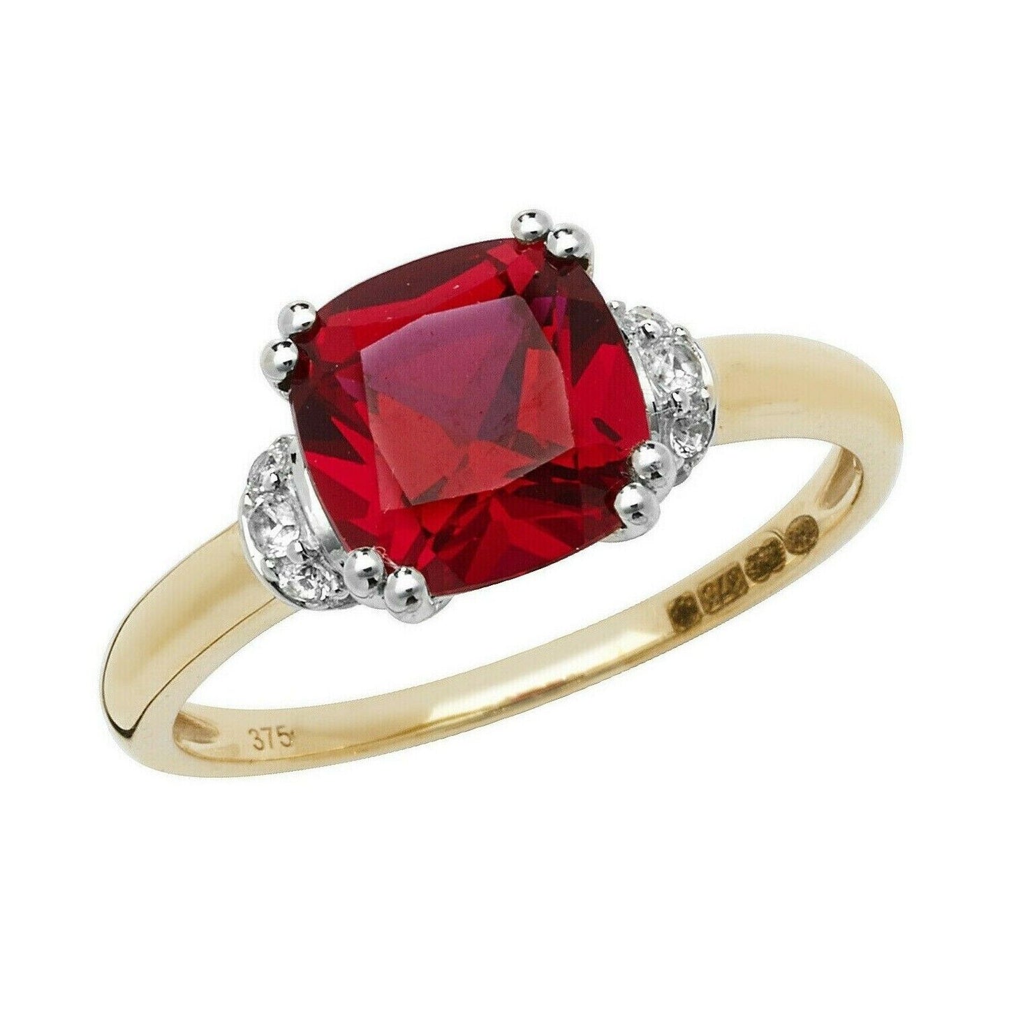 Yellow Gold Ruby Ring Solitaire Cushion White Sapphire Engagement Hallmarked