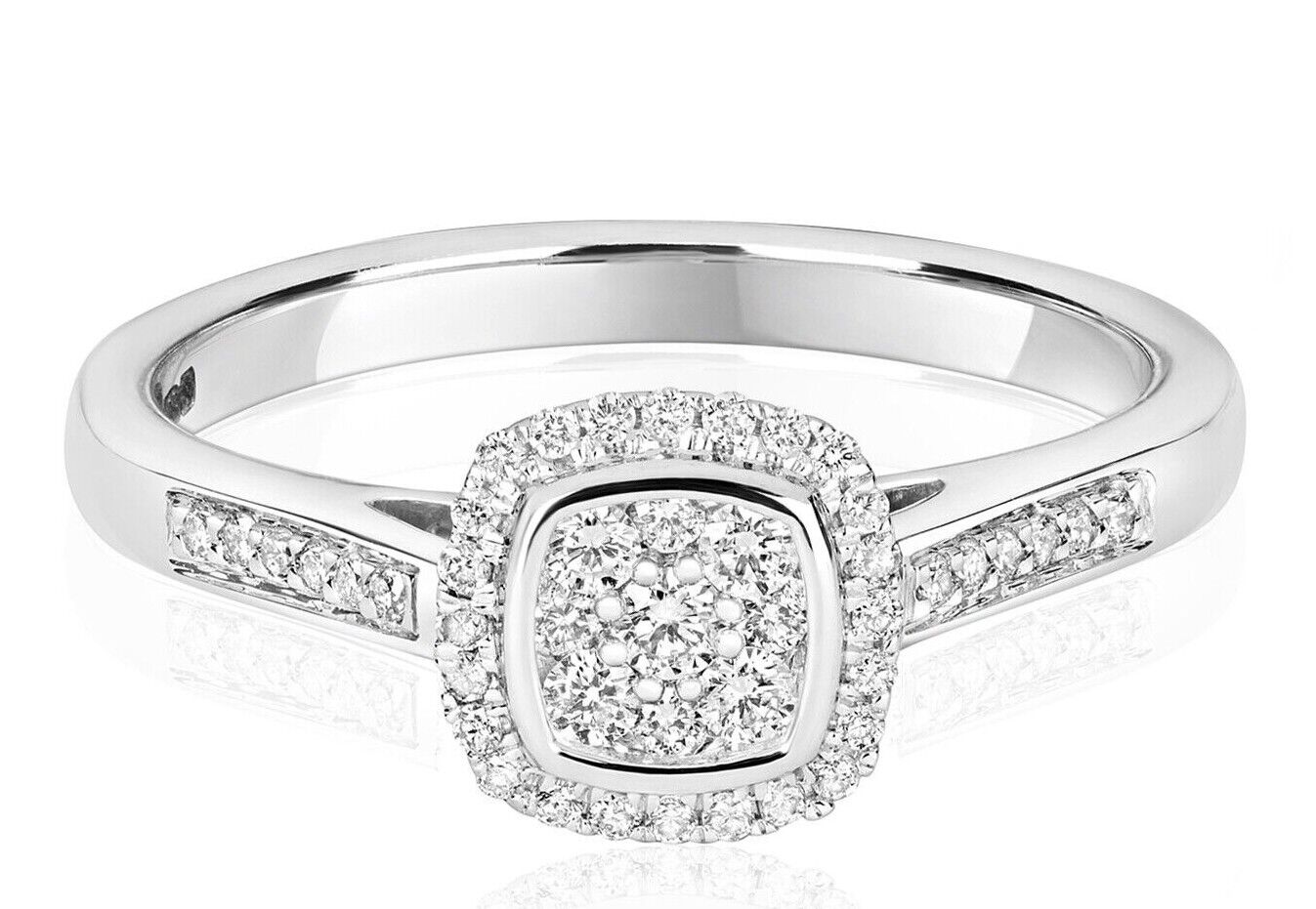 Real Diamond Ring Cushion Halo Cluster 9ct White Gold 0.25ctw Engagement