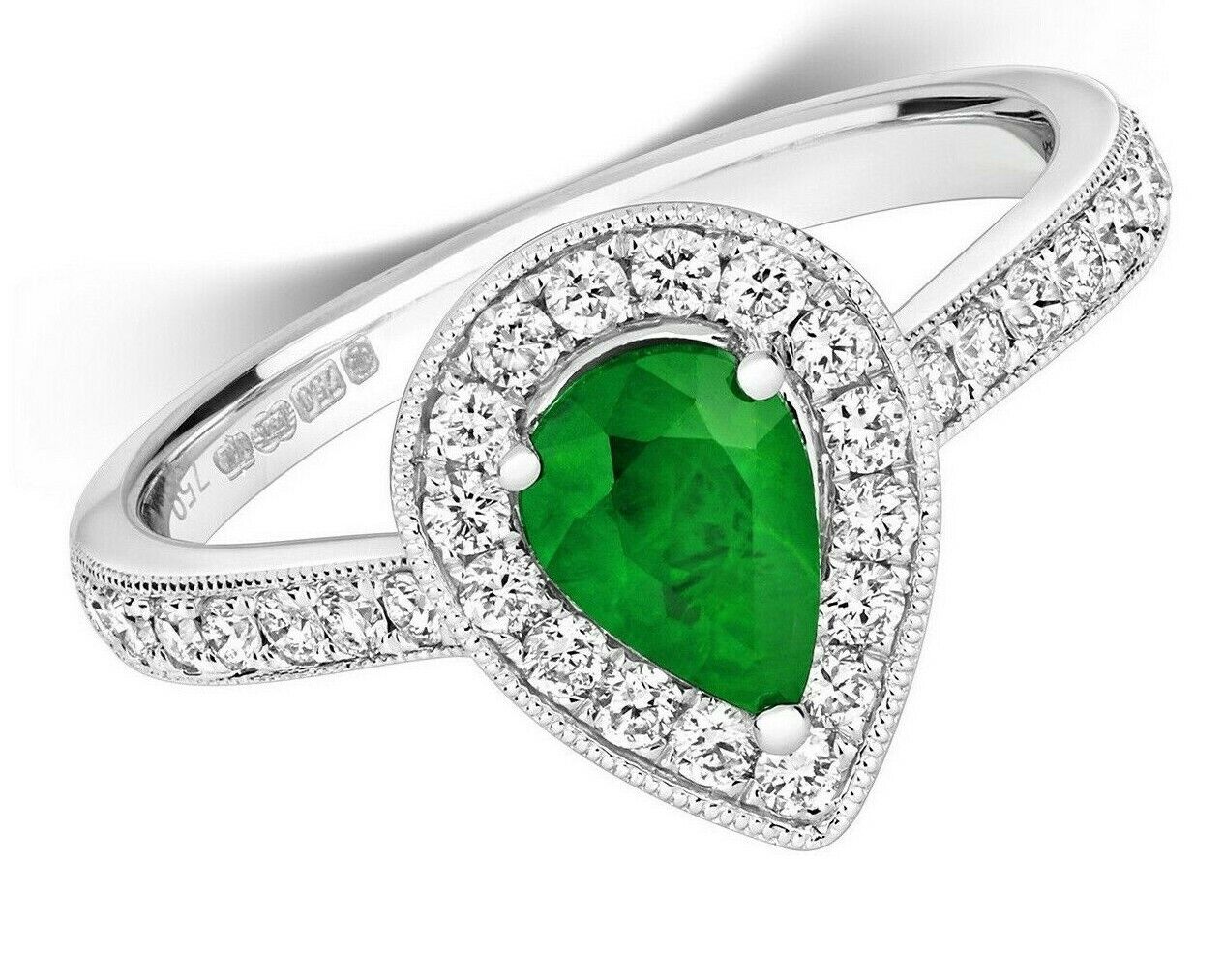 Real Emerald and Diamond Ring 18ct White Gold Pear Teardrop Cluster