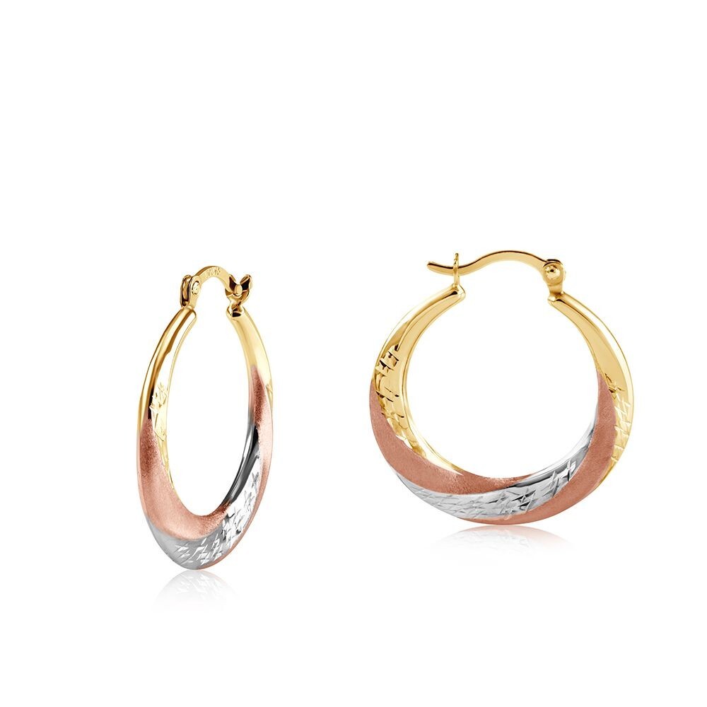Three Colour Gold Hoop Earrings 22mm Twist Design Hallmarked Hoops