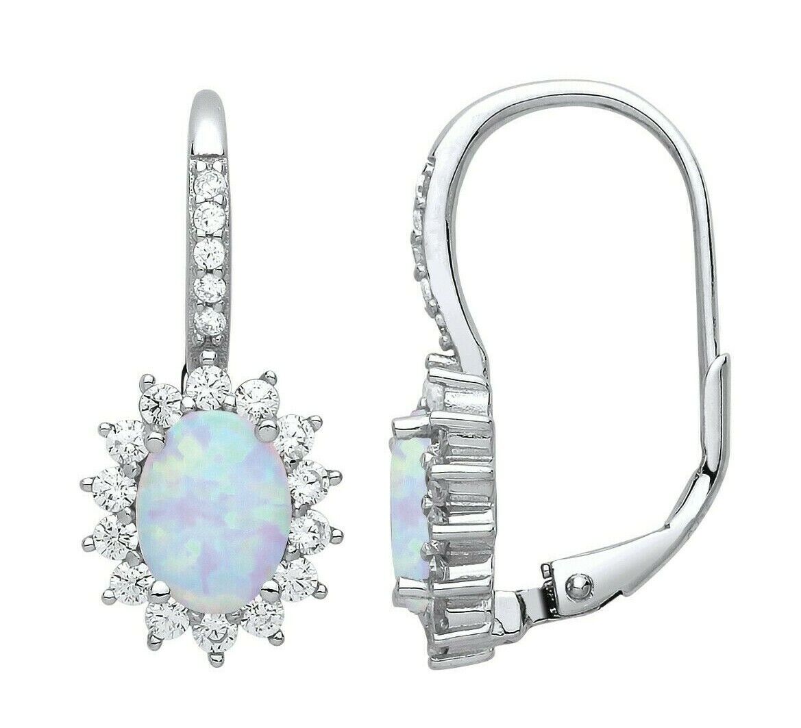 Opal Leverback Drop Earrings Sterling Silver Rhodium Plate 925 Hallmark