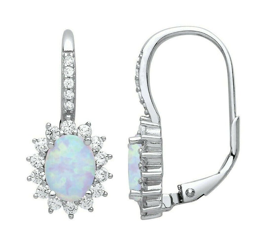 Opal Leverback Drop Earrings Sterling Silver Rhodium Plate 925 Hallmark