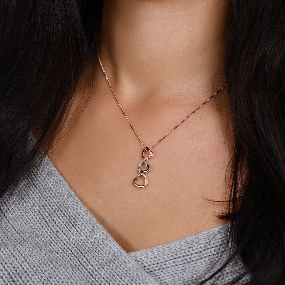 9ct Three Colour Gold 0.15ct Diamond Heart Drop 18" Rose Gold Chain